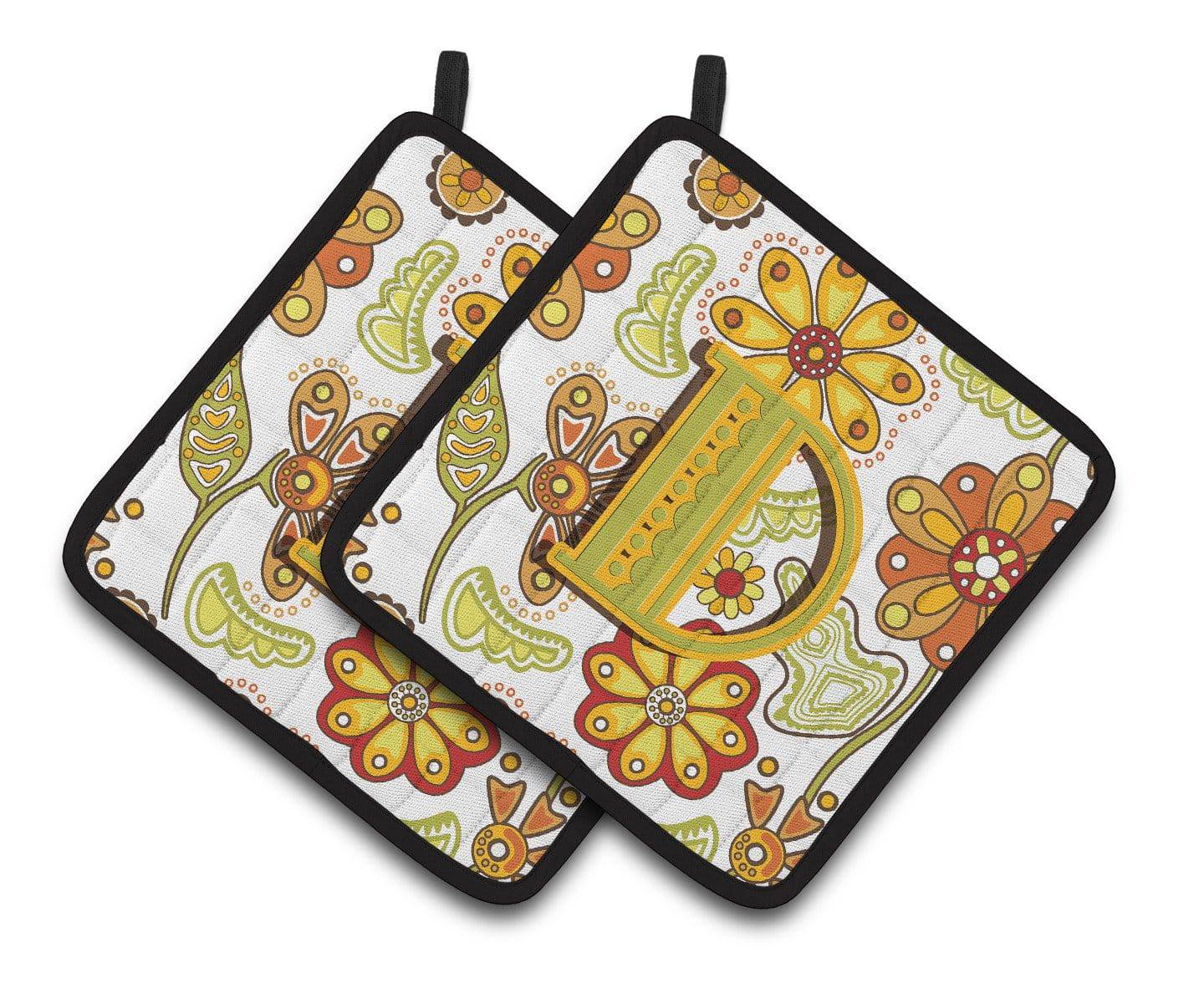 Letter D Floral Mustard and Green Pair of Pot Holders CJ2003-DPTHD - the-store.com