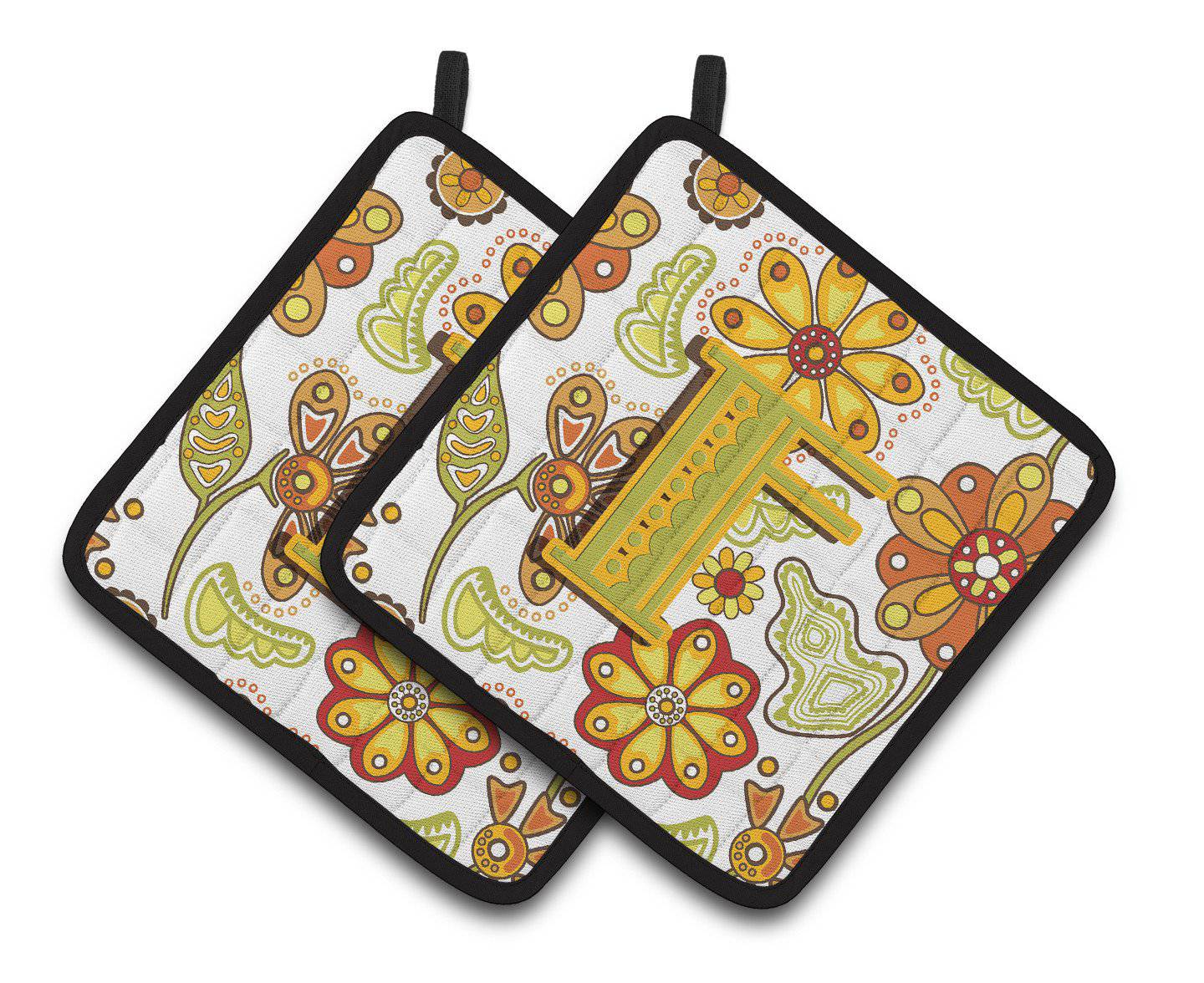 Letter F Floral Mustard and Green Pair of Pot Holders CJ2003-FPTHD - the-store.com