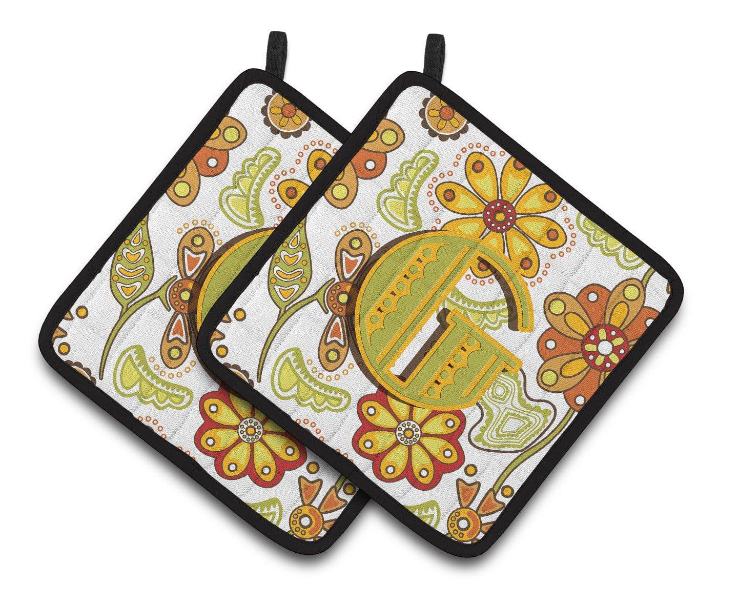 Letter G Floral Mustard and Green Pair of Pot Holders CJ2003-GPTHD - the-store.com