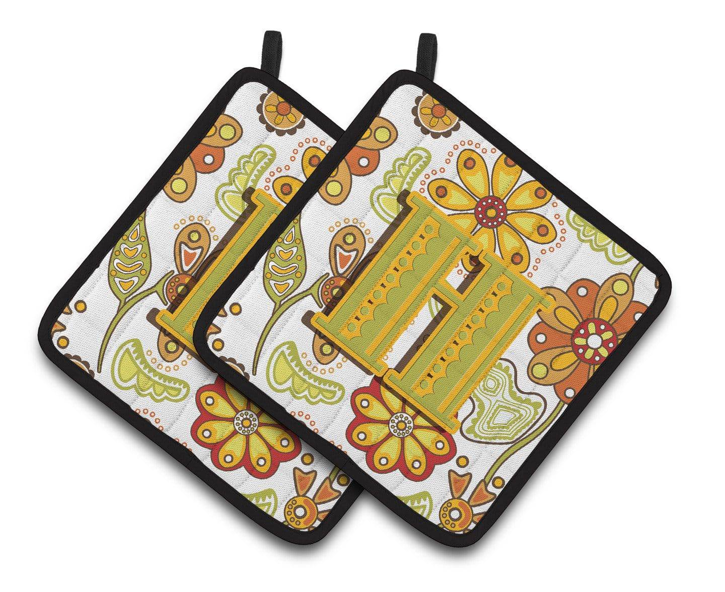 Letter H Floral Mustard and Green Pair of Pot Holders CJ2003-HPTHD - the-store.com