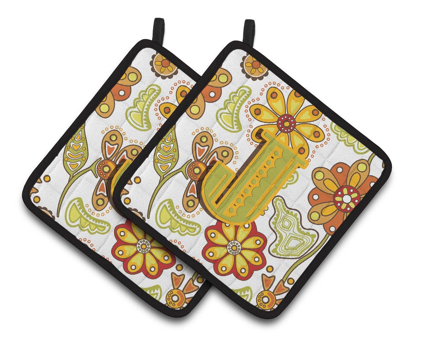 Letter J Floral Mustard and Green Pair of Pot Holders CJ2003-JPTHD - the-store.com