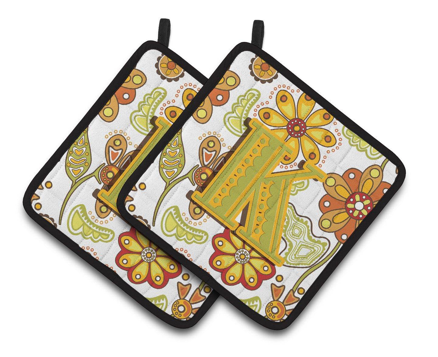 Letter K Floral Mustard and Green Pair of Pot Holders CJ2003-KPTHD - the-store.com