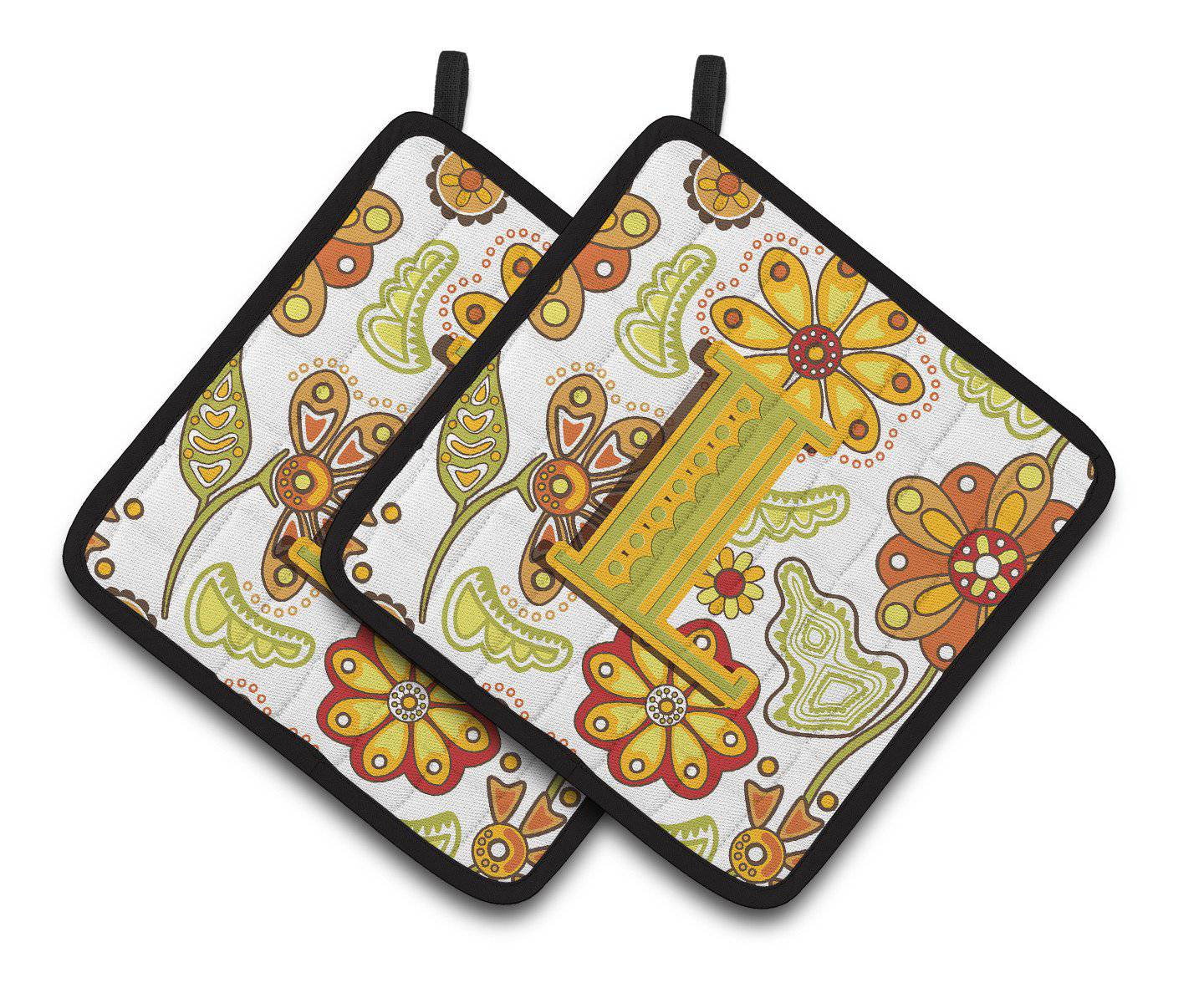 Letter L Floral Mustard and Green Pair of Pot Holders CJ2003-LPTHD - the-store.com