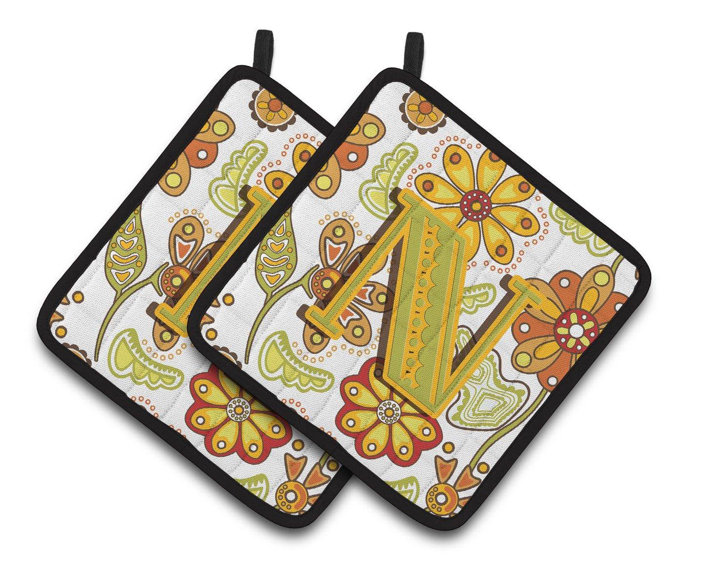 Letter N Floral Mustard and Green Pair of Pot Holders CJ2003-NPTHD - the-store.com