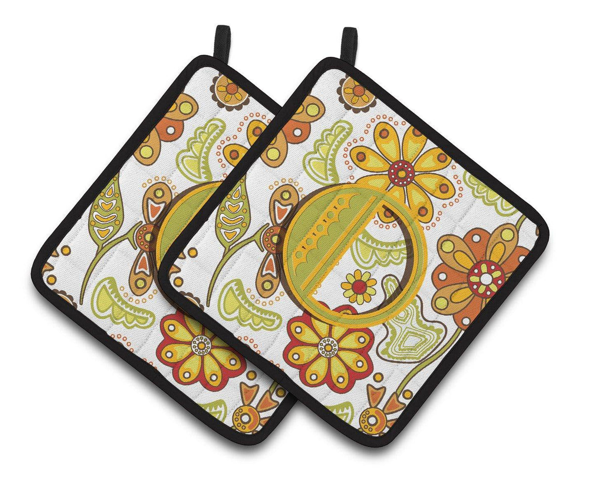 Letter O Floral Mustard and Green Pair of Pot Holders CJ2003-OPTHD - the-store.com