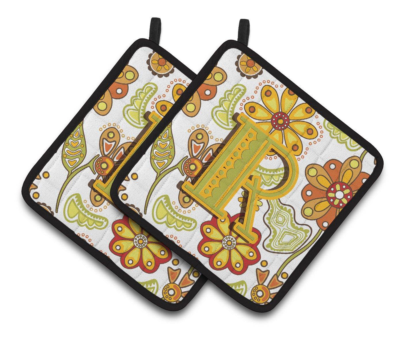 Letter R Floral Mustard and Green Pair of Pot Holders CJ2003-RPTHD - the-store.com
