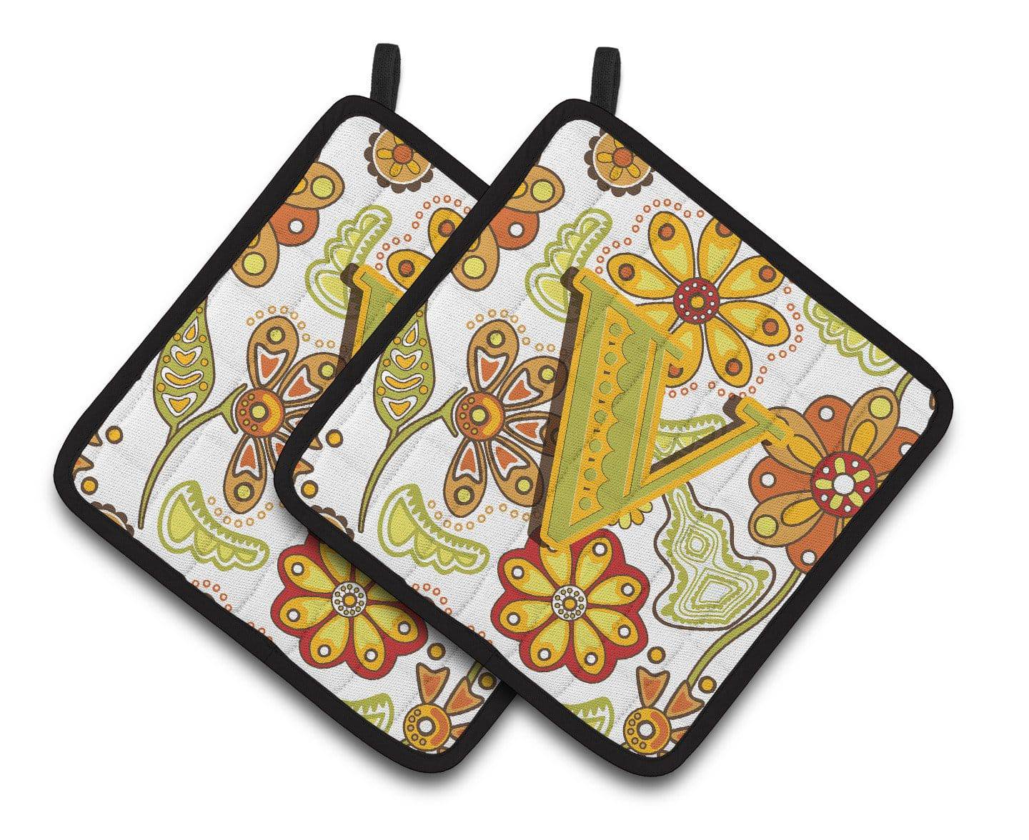 Letter V Floral Mustard and Green Pair of Pot Holders CJ2003-VPTHD - the-store.com