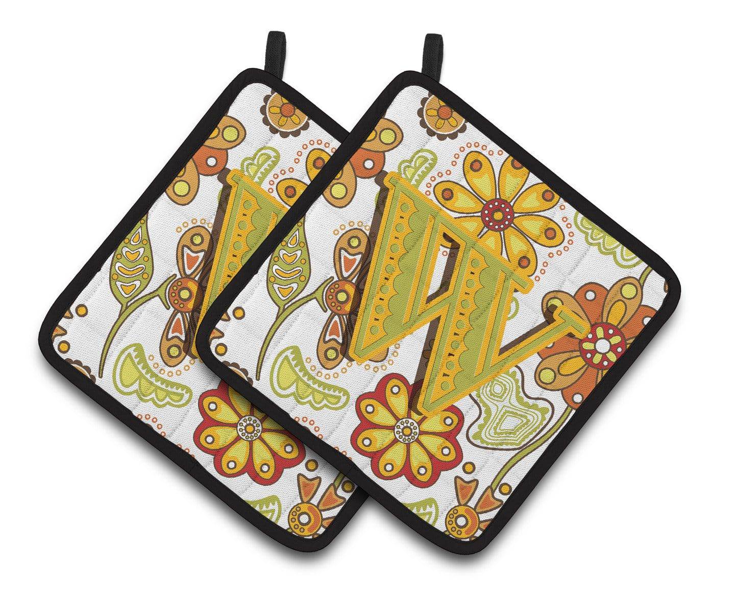 Letter W Floral Mustard and Green Pair of Pot Holders CJ2003-WPTHD - the-store.com