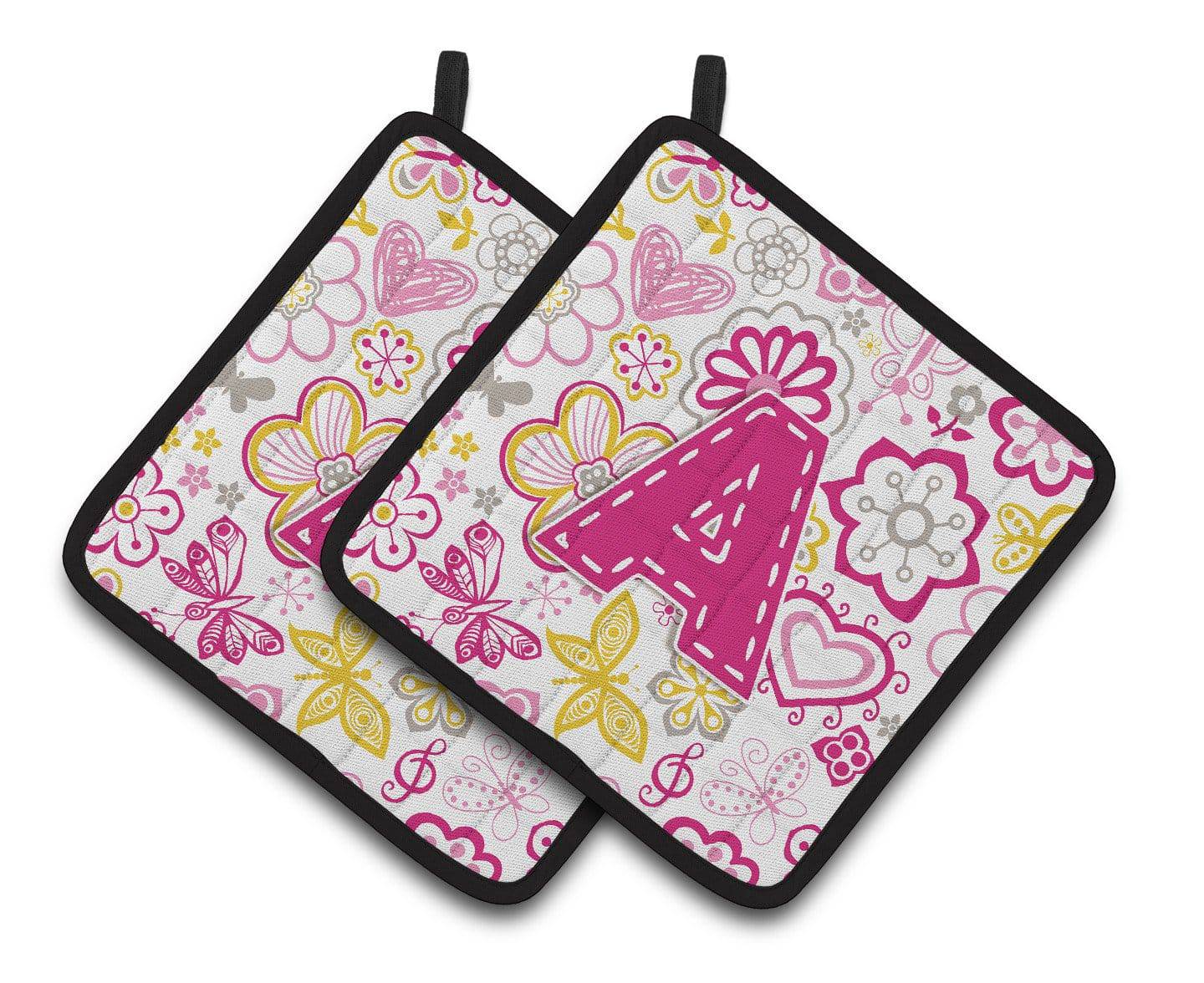 Letter A Flowers and Butterflies Pink Pair of Pot Holders CJ2005-APTHD - the-store.com