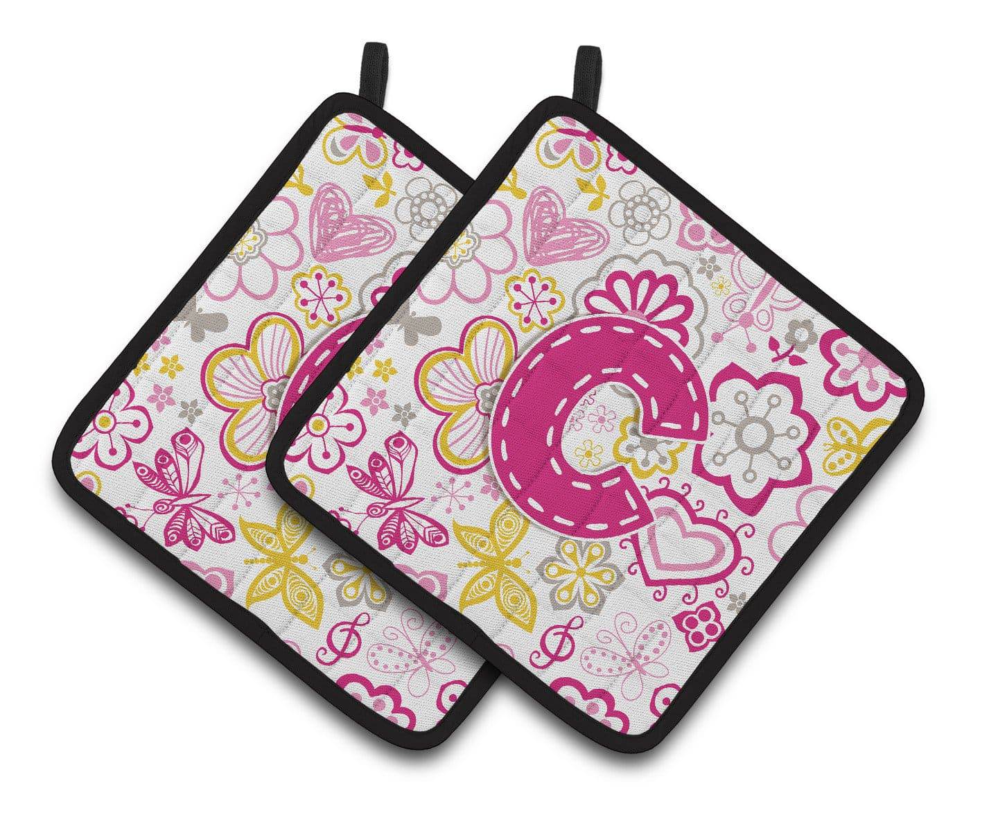 Letter C Flowers and Butterflies Pink Pair of Pot Holders CJ2005-CPTHD - the-store.com