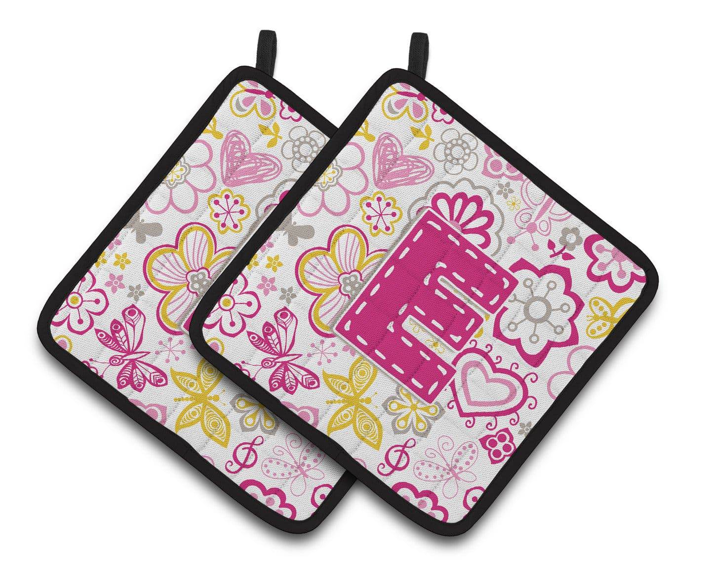 Letter E Flowers and Butterflies Pink Pair of Pot Holders CJ2005-EPTHD - the-store.com
