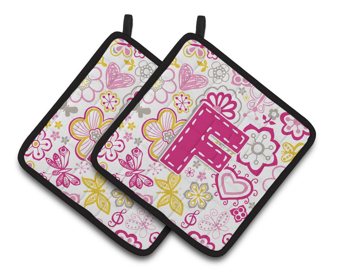 Letter F Flowers and Butterflies Pink Pair of Pot Holders CJ2005-FPTHD - the-store.com