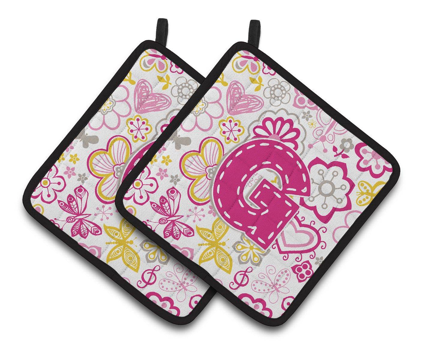 Letter G Flowers and Butterflies Pink Pair of Pot Holders CJ2005-GPTHD - the-store.com