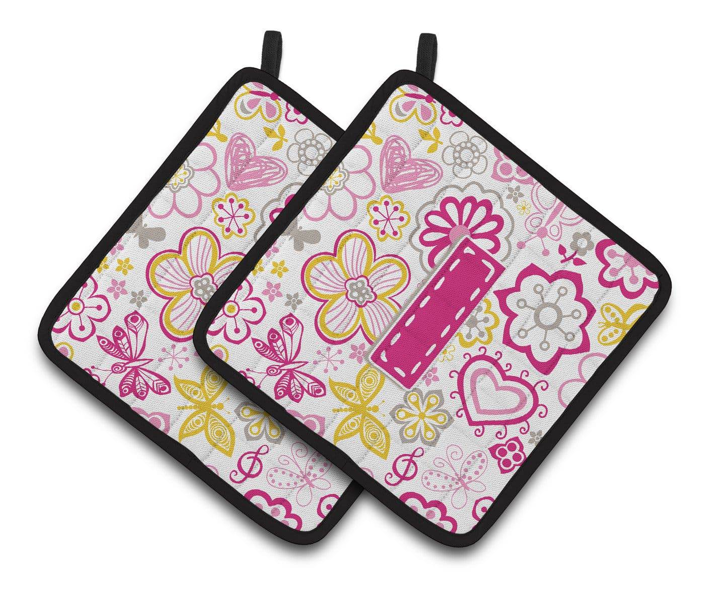 Letter I Flowers and Butterflies Pink Pair of Pot Holders CJ2005-IPTHD - the-store.com