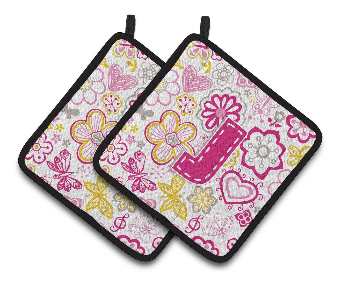 Letter J Flowers and Butterflies Pink Pair of Pot Holders CJ2005-JPTHD - the-store.com
