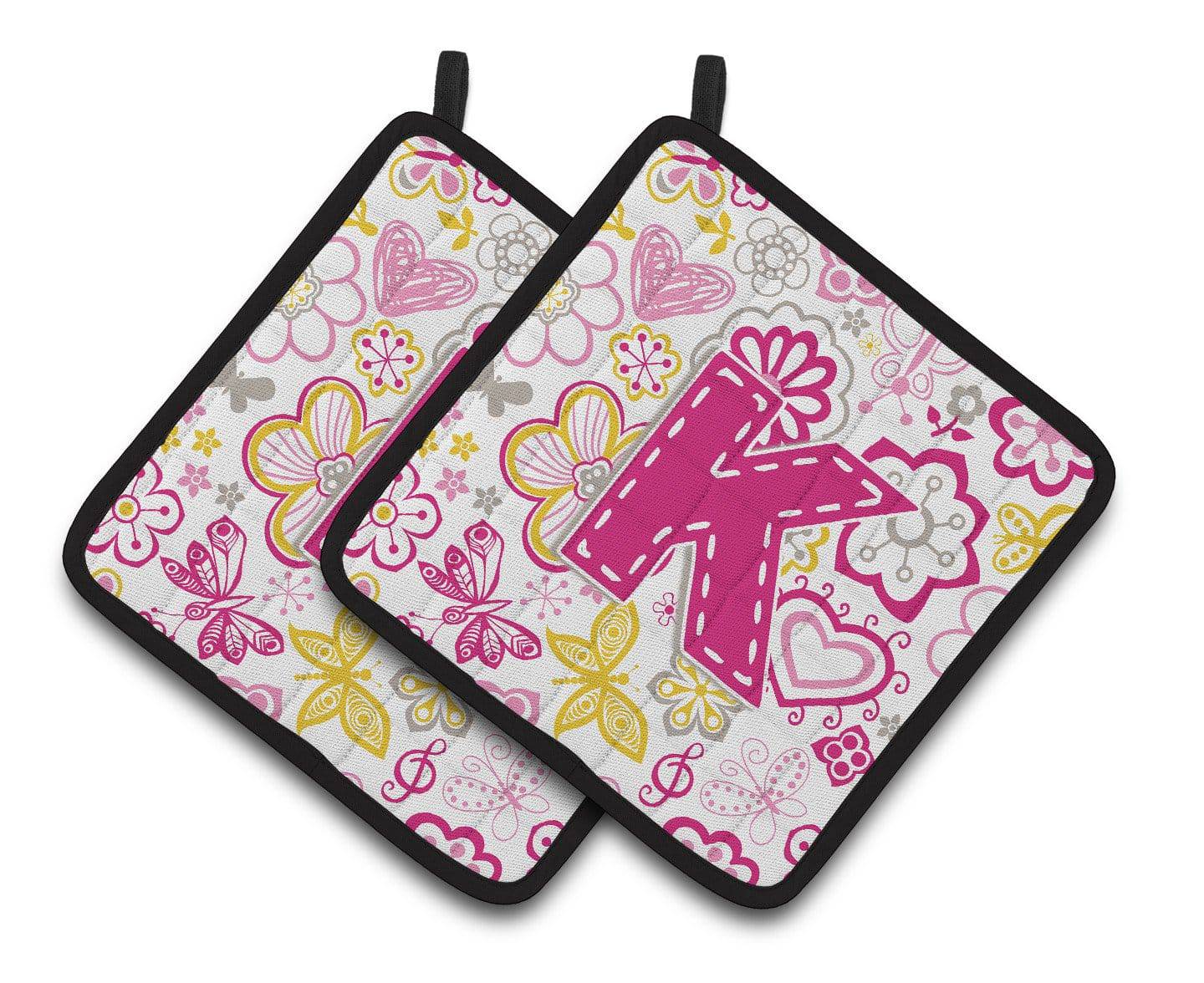 Letter K Flowers and Butterflies Pink Pair of Pot Holders CJ2005-KPTHD - the-store.com