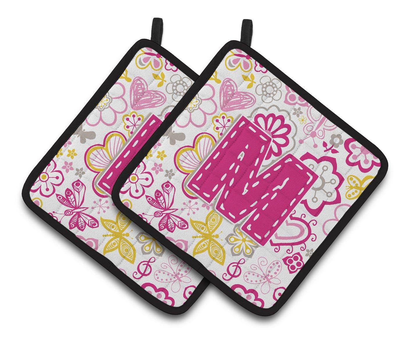 Letter M Flowers and Butterflies Pink Pair of Pot Holders CJ2005-MPTHD - the-store.com