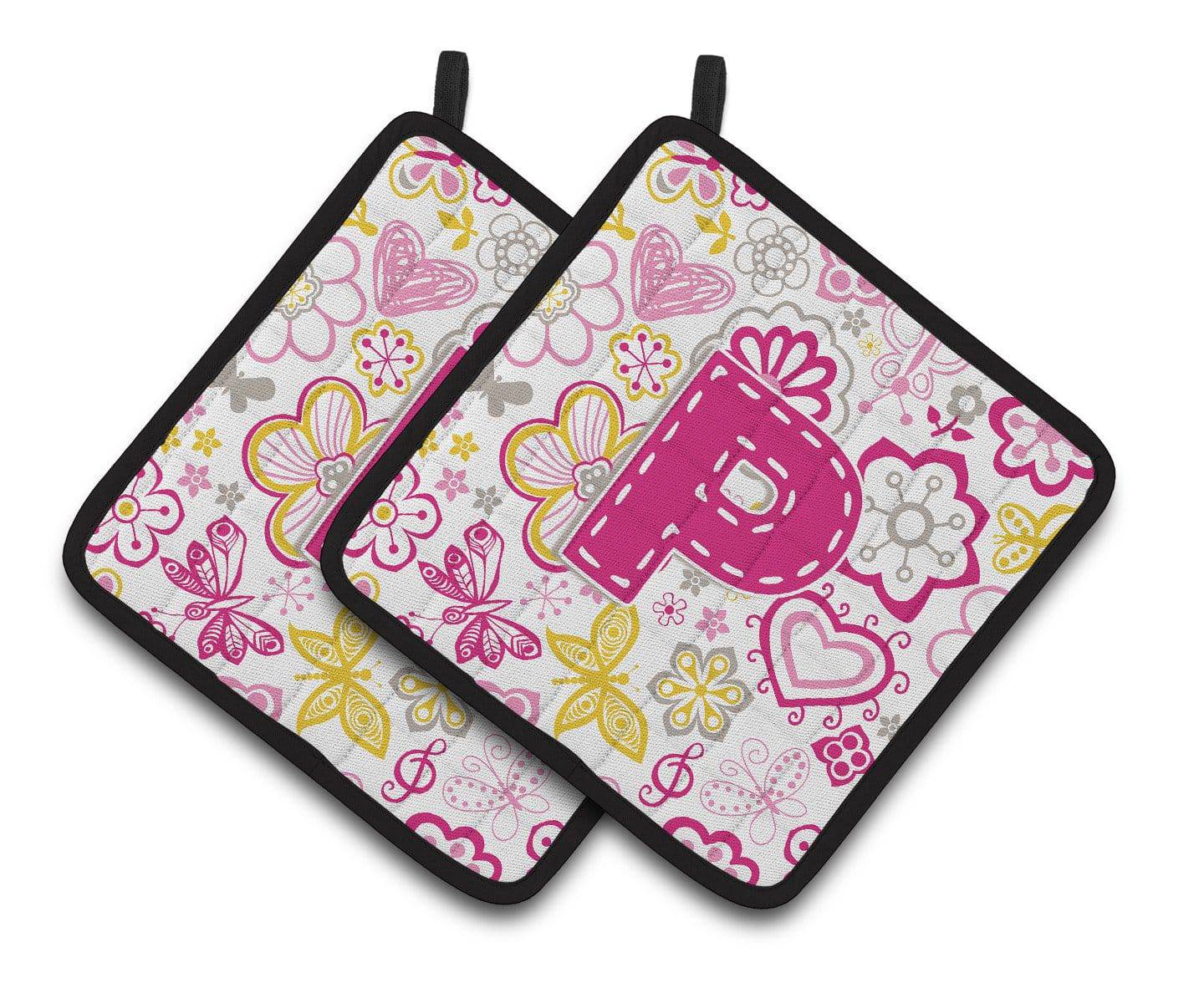 Letter P Flowers and Butterflies Pink Pair of Pot Holders CJ2005-PPTHD - the-store.com