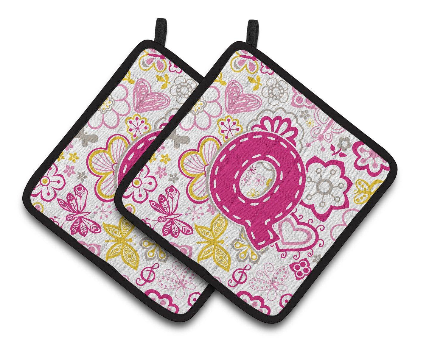 Letter Q Flowers and Butterflies Pink Pair of Pot Holders CJ2005-QPTHD - the-store.com
