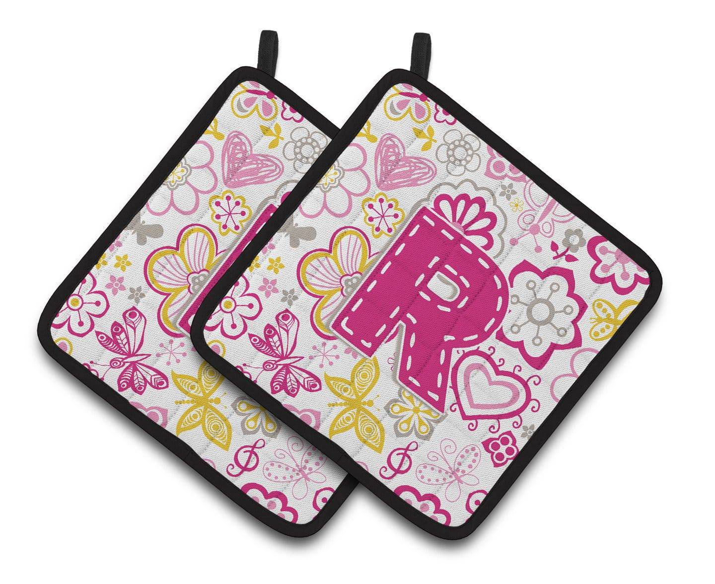 Letter R Flowers and Butterflies Pink Pair of Pot Holders CJ2005-RPTHD - the-store.com