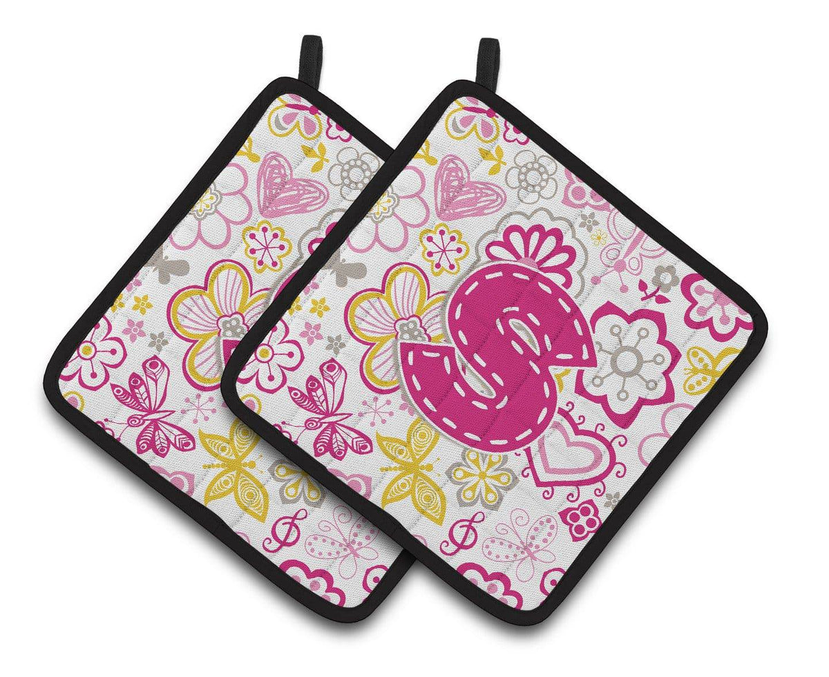 Letter S Flowers and Butterflies Pink Pair of Pot Holders CJ2005-SPTHD - the-store.com