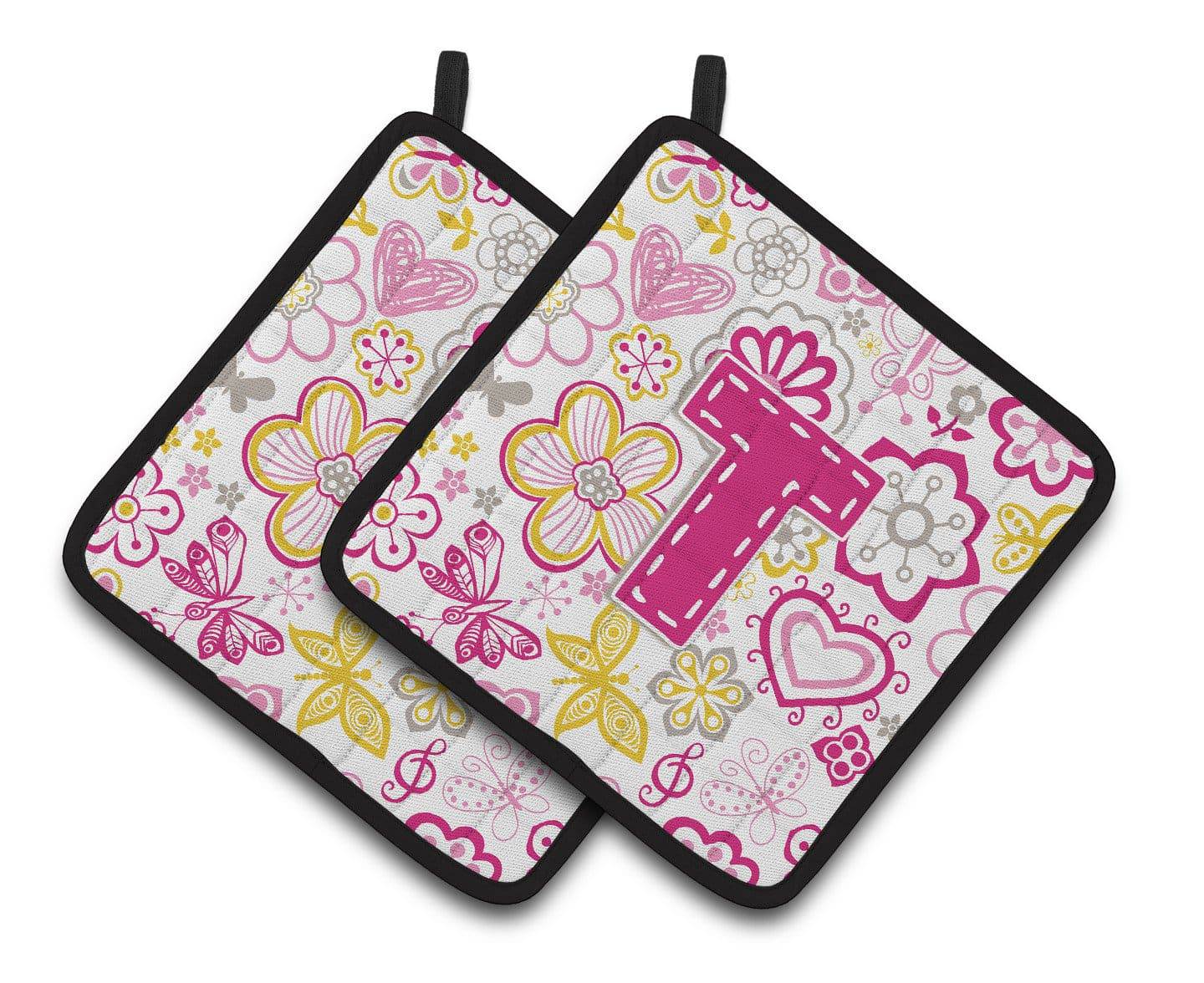 Letter T Flowers and Butterflies Pink Pair of Pot Holders CJ2005-TPTHD - the-store.com