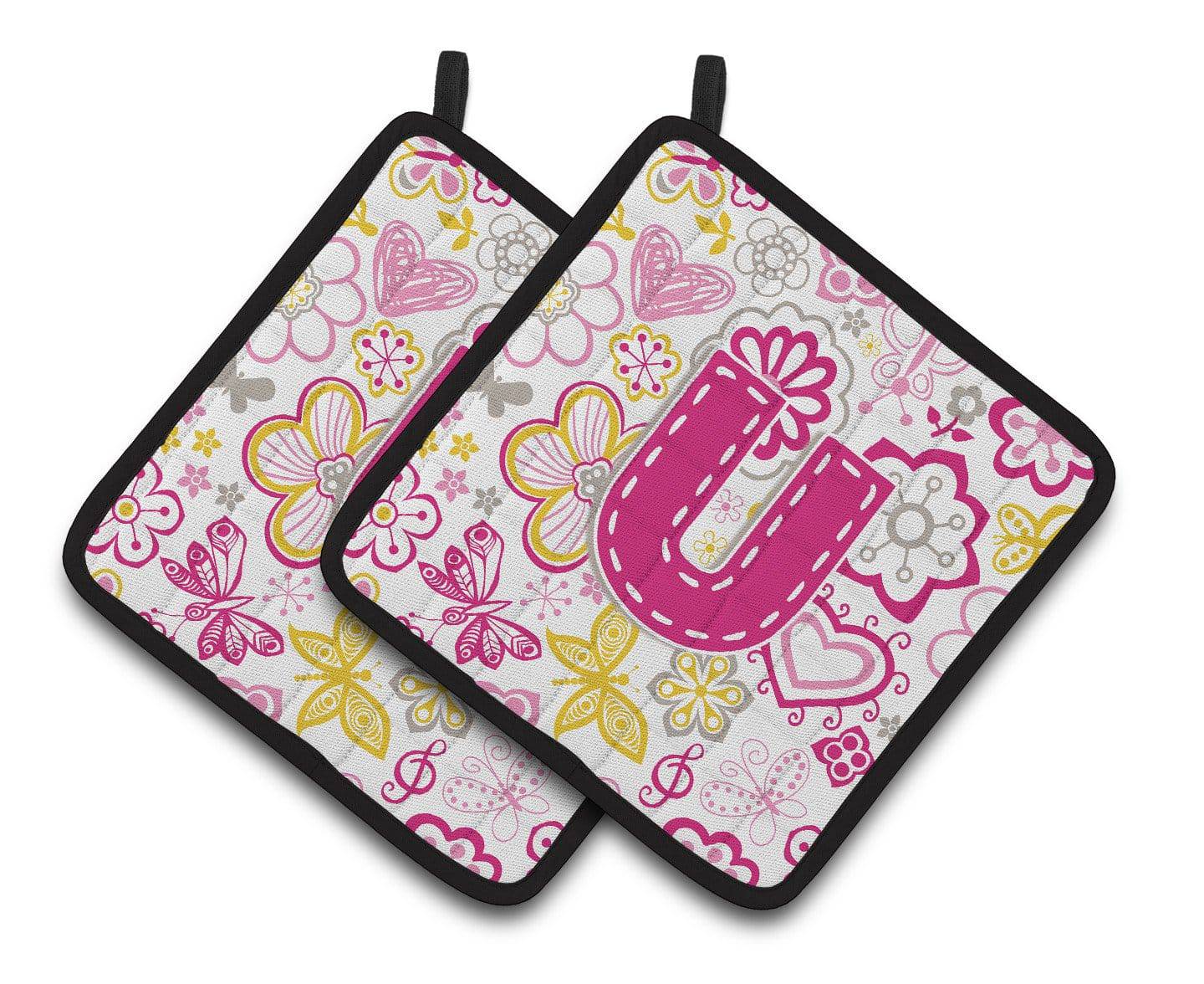 Letter U Flowers and Butterflies Pink Pair of Pot Holders CJ2005-UPTHD - the-store.com