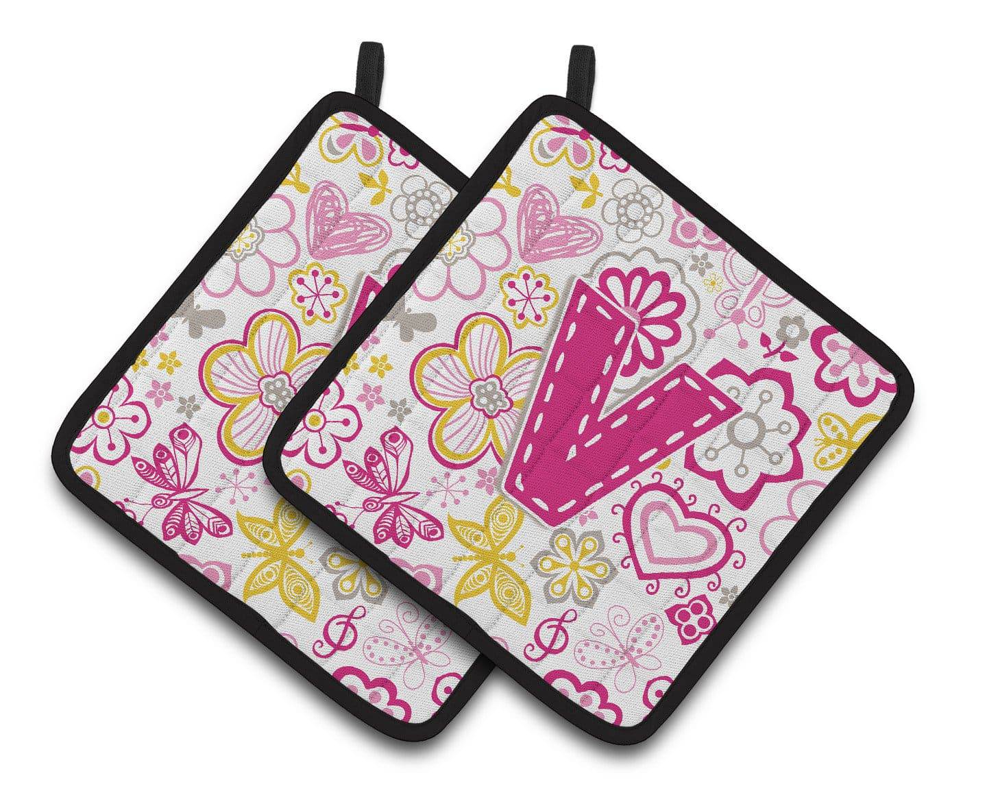 Letter V Flowers and Butterflies Pink Pair of Pot Holders CJ2005-VPTHD - the-store.com