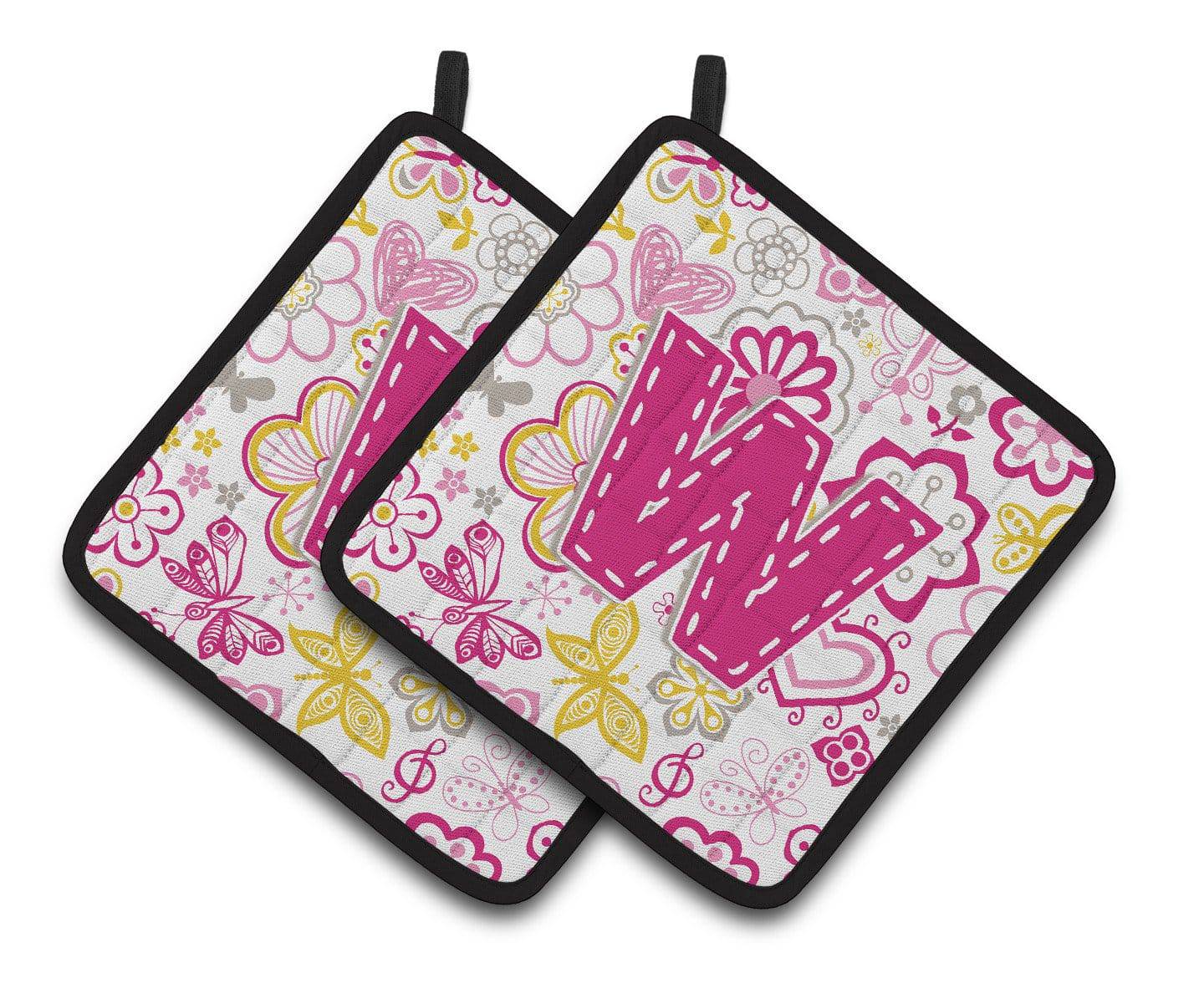 Letter W Flowers and Butterflies Pink Pair of Pot Holders CJ2005-WPTHD - the-store.com