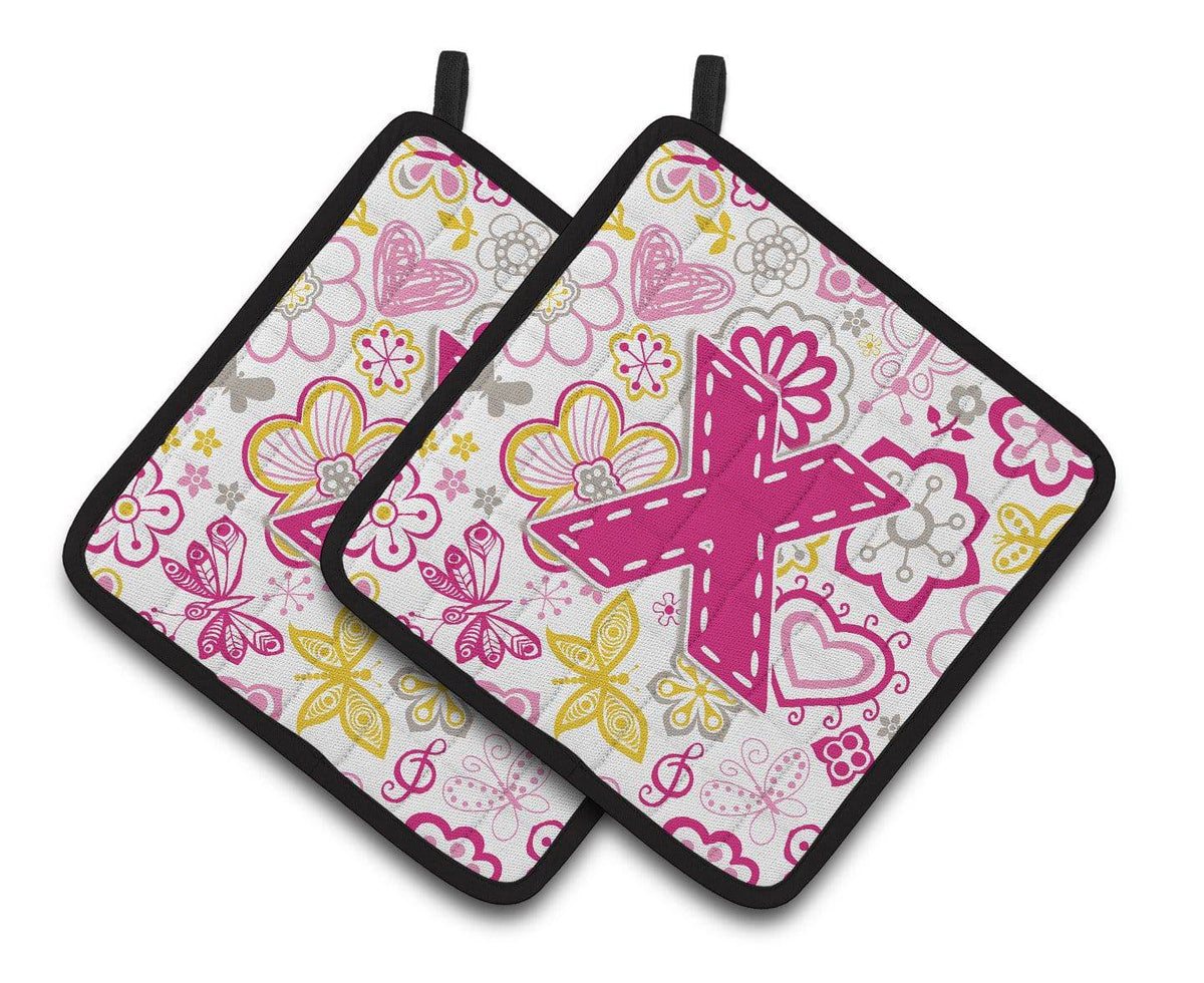 Letter X Flowers and Butterflies Pink Pair of Pot Holders CJ2005-XPTHD - the-store.com