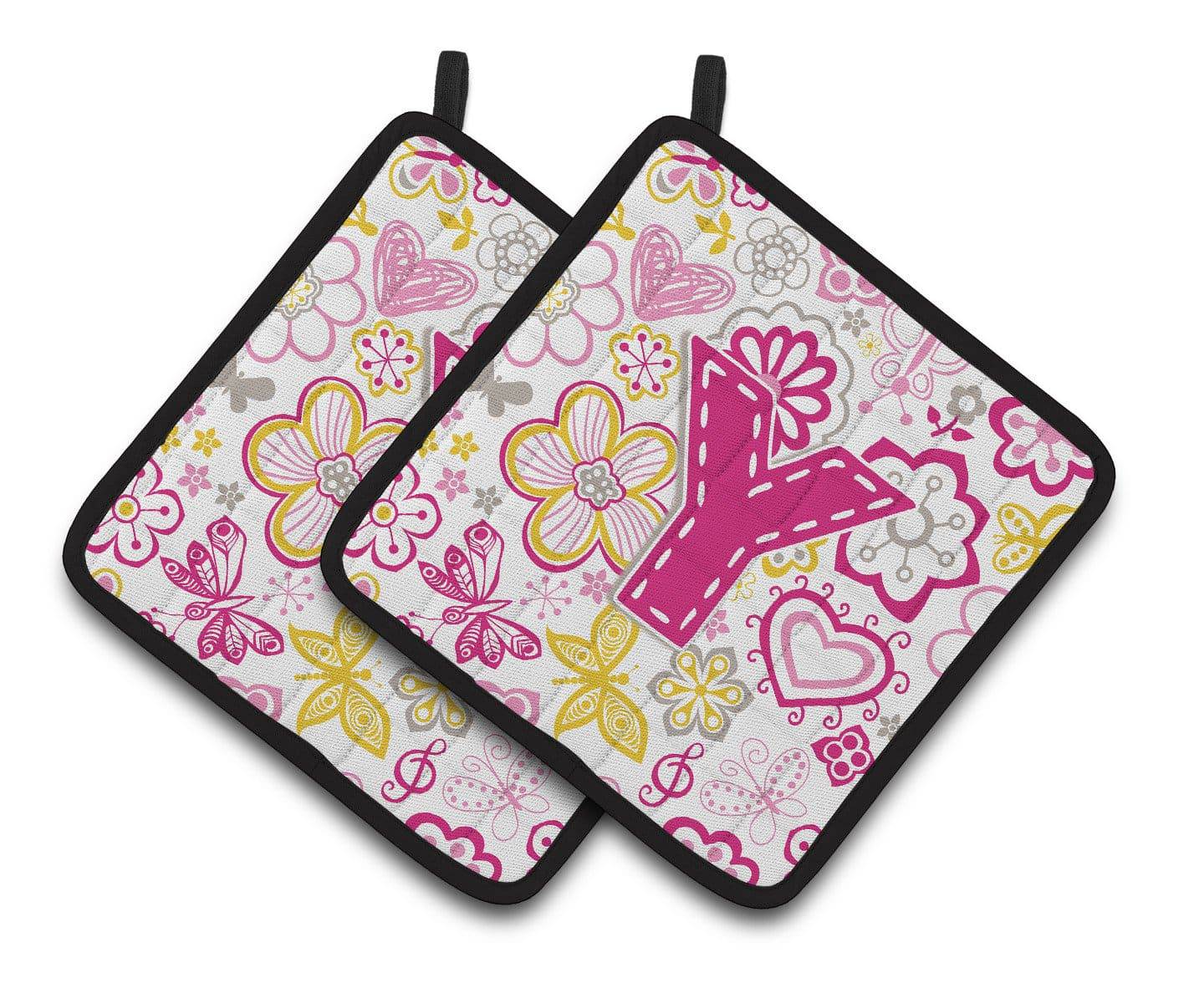 Letter Y Flowers and Butterflies Pink Pair of Pot Holders CJ2005-YPTHD - the-store.com