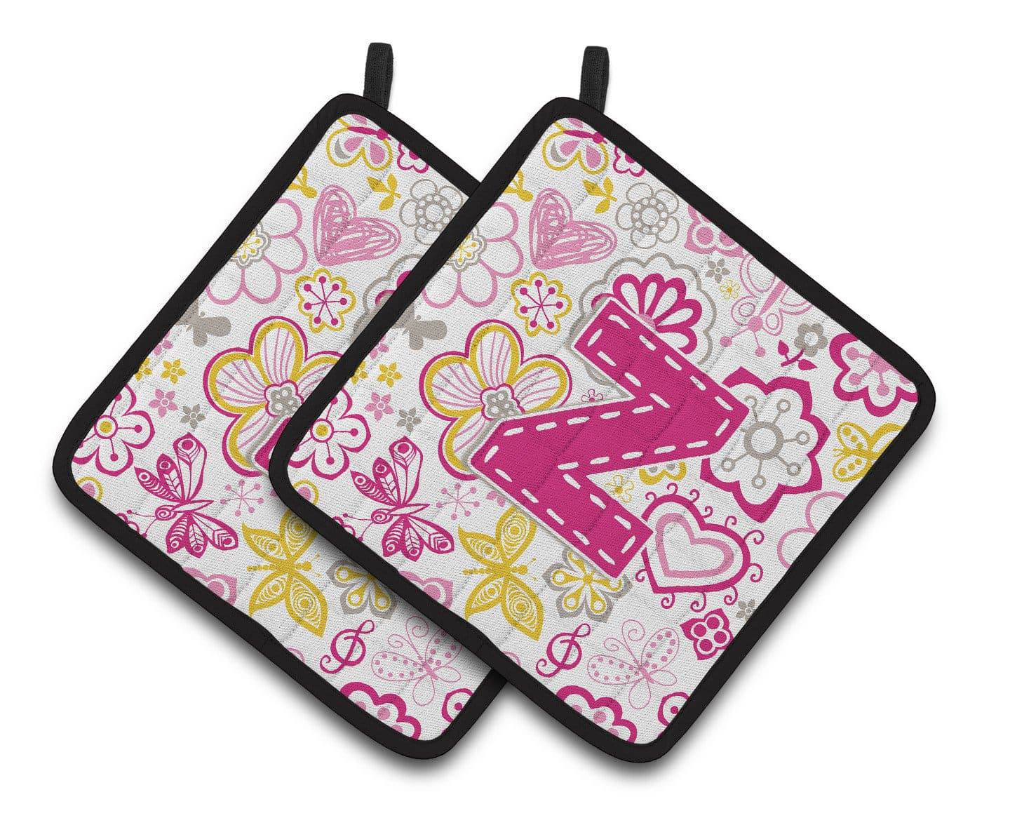 Letter Z Flowers and Butterflies Pink Pair of Pot Holders CJ2005-ZPTHD - the-store.com