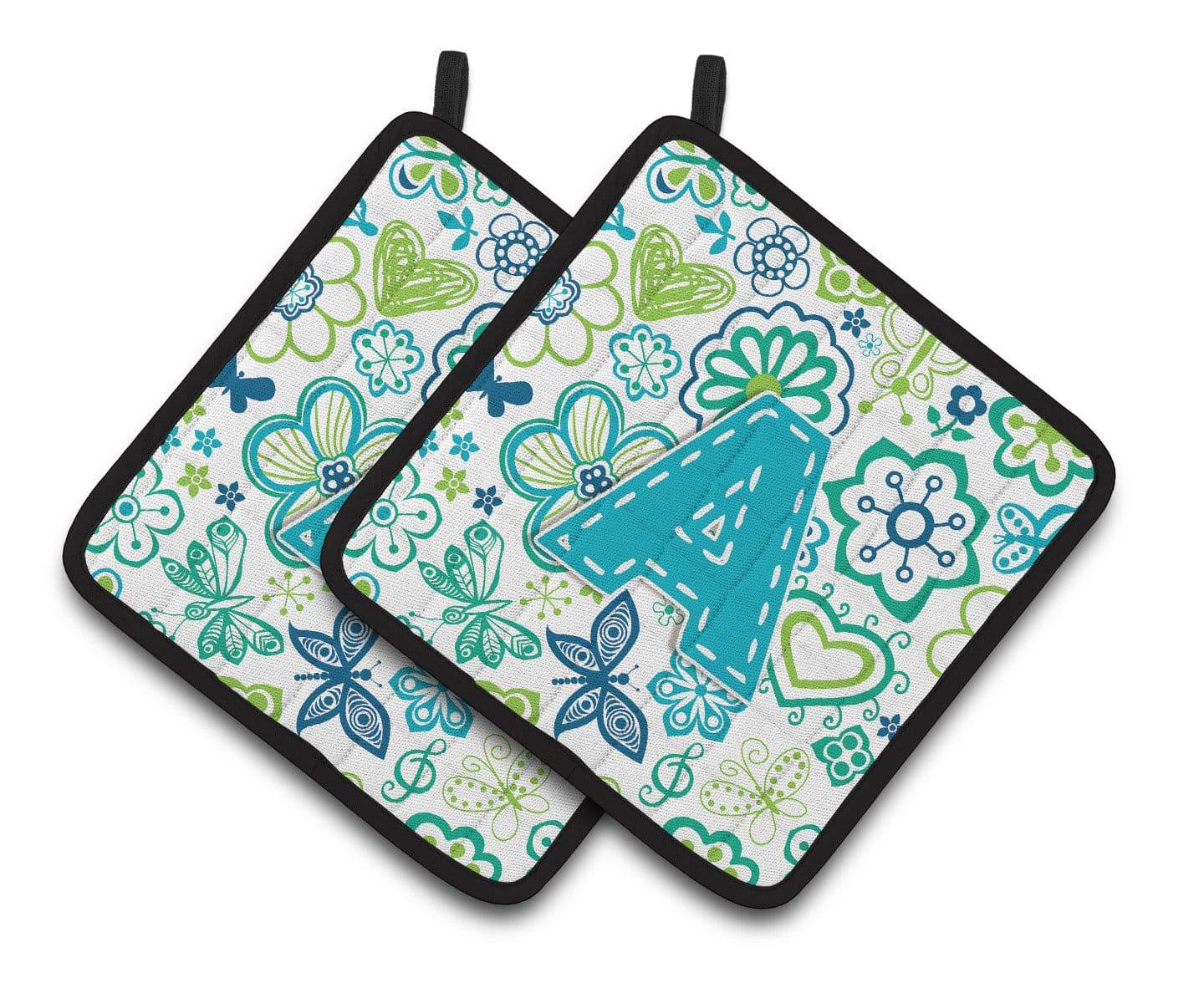 Letter A Flowers and Butterflies Teal Blue Pair of Pot Holders CJ2006-APTHD - the-store.com