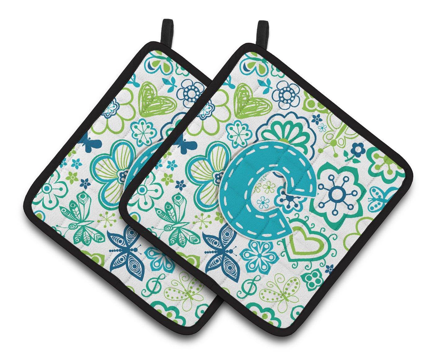 Letter C Flowers and Butterflies Teal Blue Pair of Pot Holders CJ2006-CPTHD - the-store.com