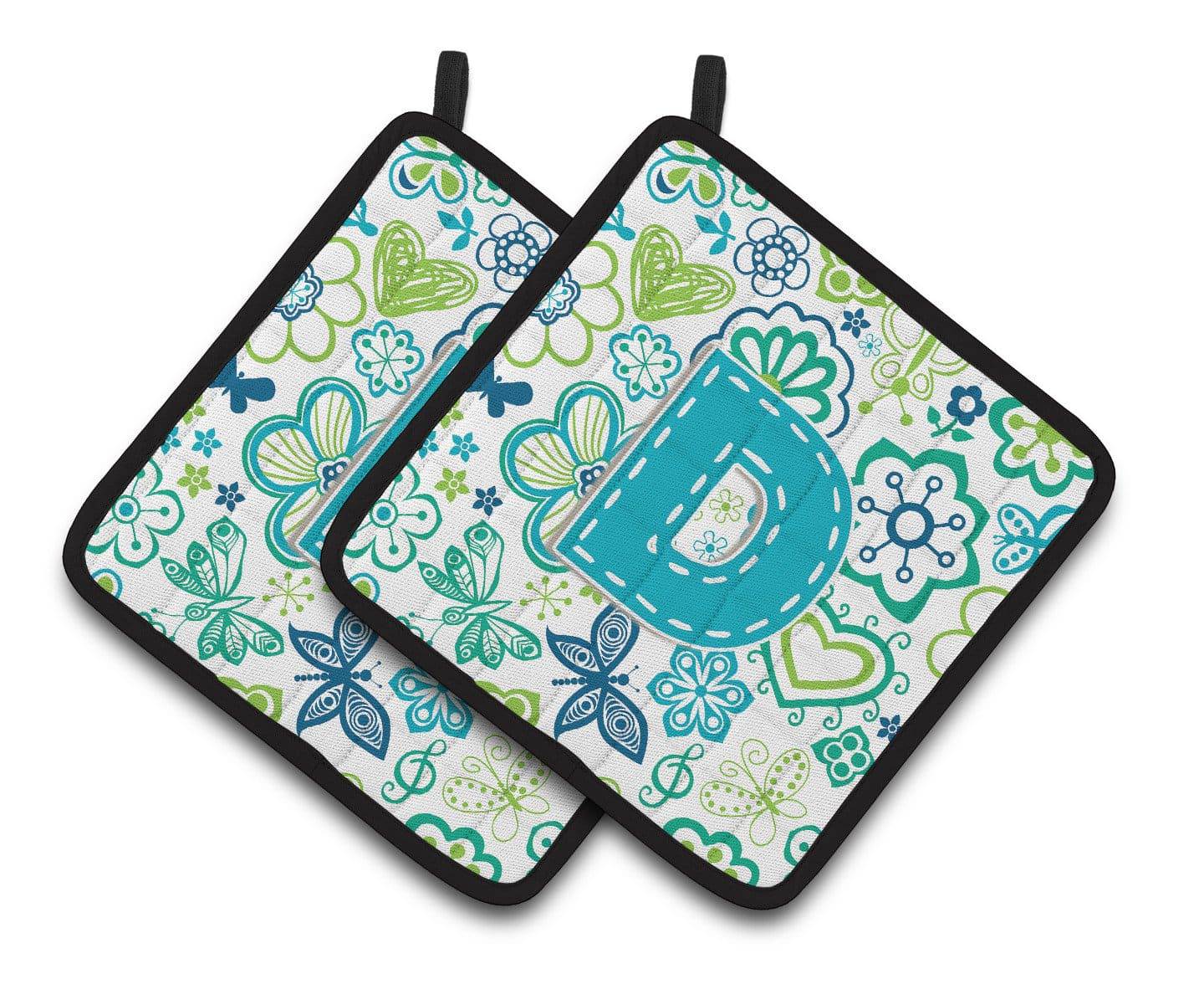 Letter D Flowers and Butterflies Teal Blue Pair of Pot Holders CJ2006-DPTHD - the-store.com