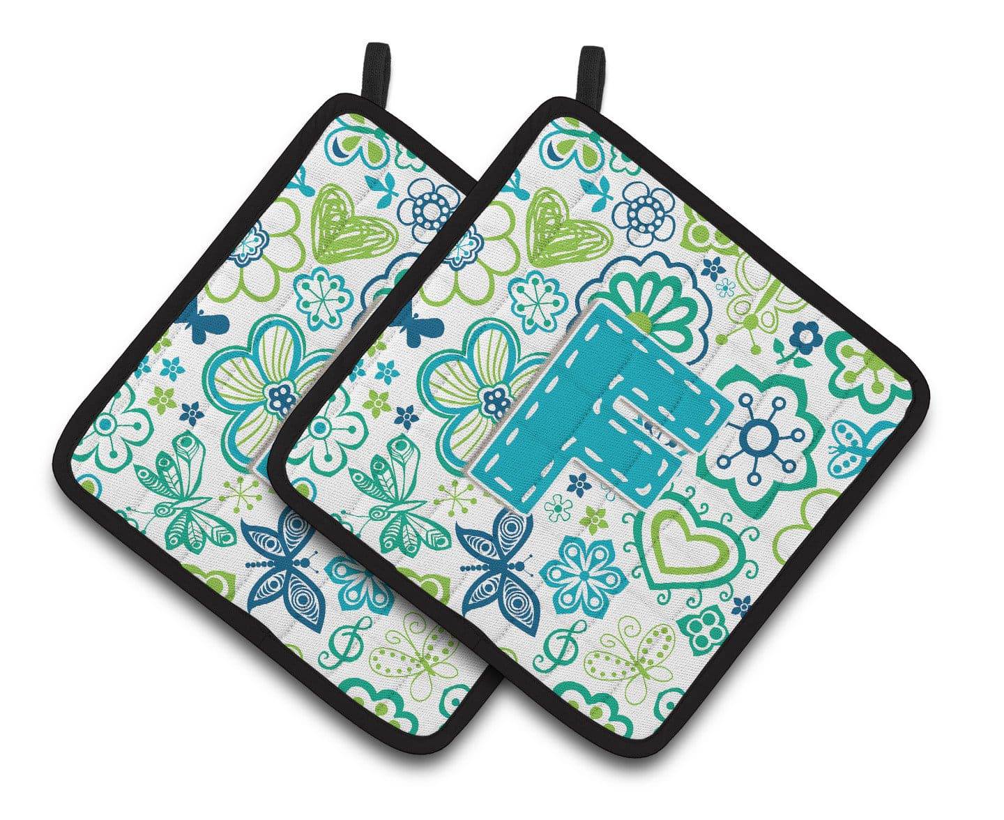Letter F Flowers and Butterflies Teal Blue Pair of Pot Holders CJ2006-FPTHD - the-store.com
