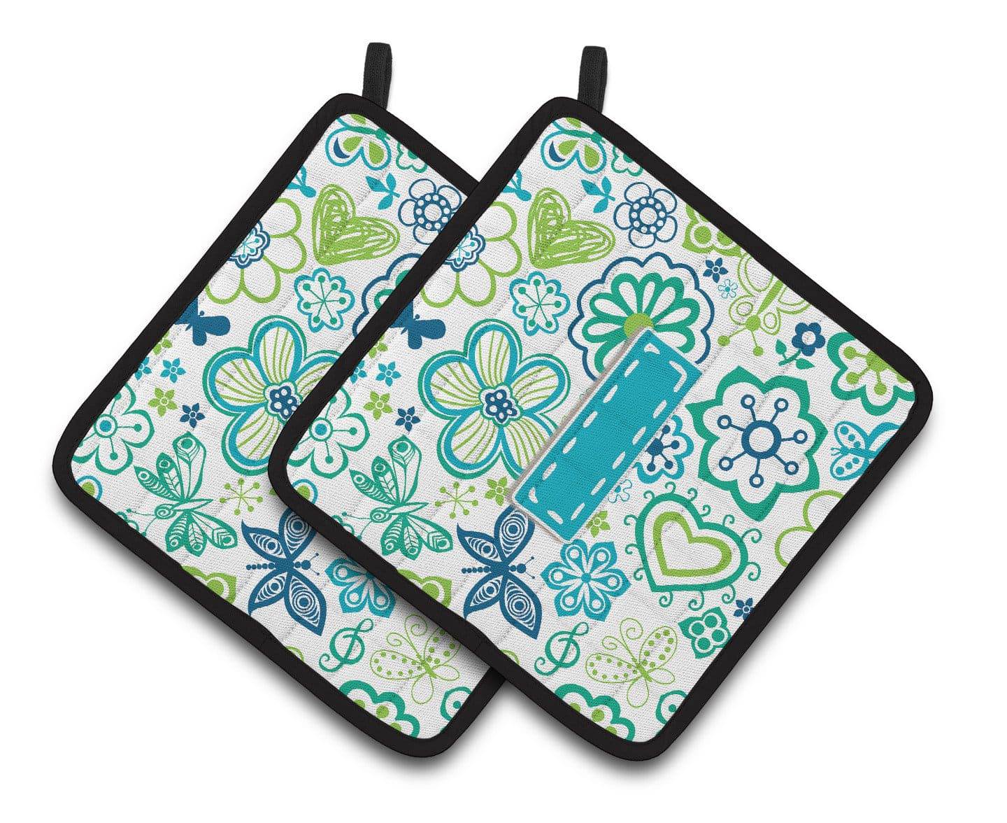 Letter I Flowers and Butterflies Teal Blue Pair of Pot Holders CJ2006-IPTHD - the-store.com