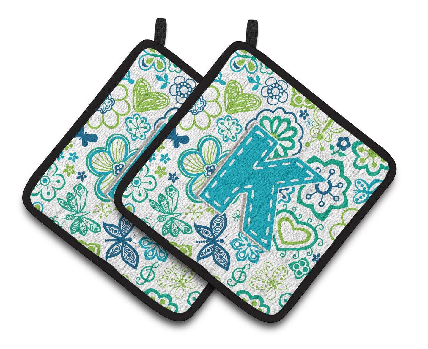 Letter K Flowers and Butterflies Teal Blue Pair of Pot Holders CJ2006-KPTHD - the-store.com