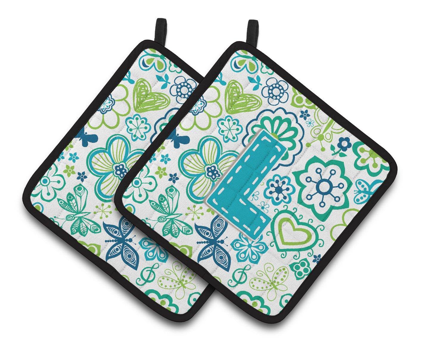 Letter L Flowers and Butterflies Teal Blue Pair of Pot Holders CJ2006-LPTHD - the-store.com