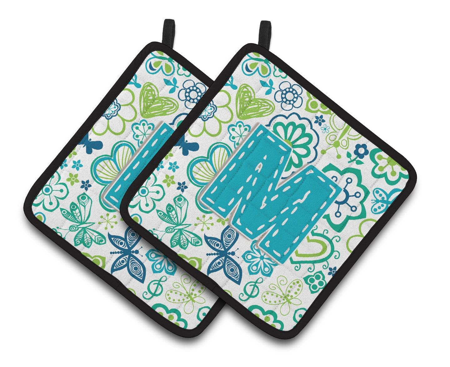 Letter M Flowers and Butterflies Teal Blue Pair of Pot Holders CJ2006-MPTHD - the-store.com