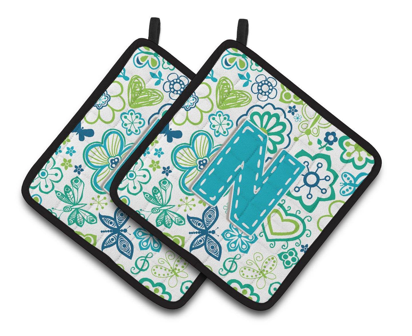 Letter N Flowers and Butterflies Teal Blue Pair of Pot Holders CJ2006-NPTHD - the-store.com