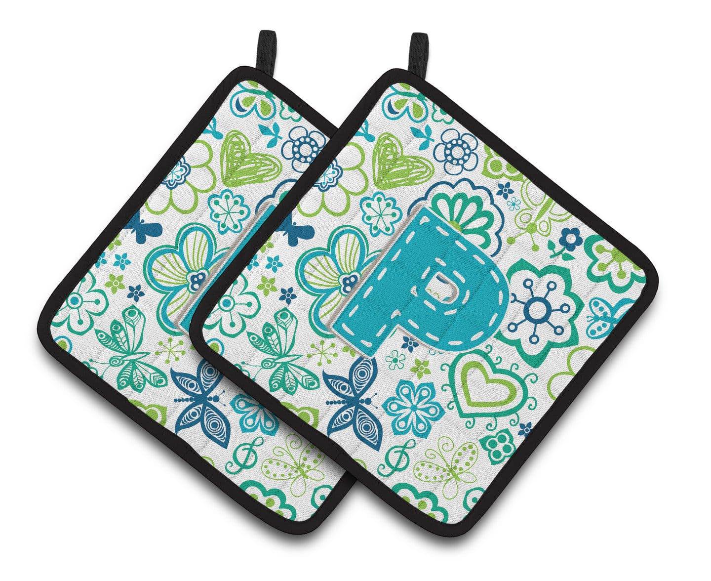 Letter P Flowers and Butterflies Teal Blue Pair of Pot Holders CJ2006-PPTHD - the-store.com