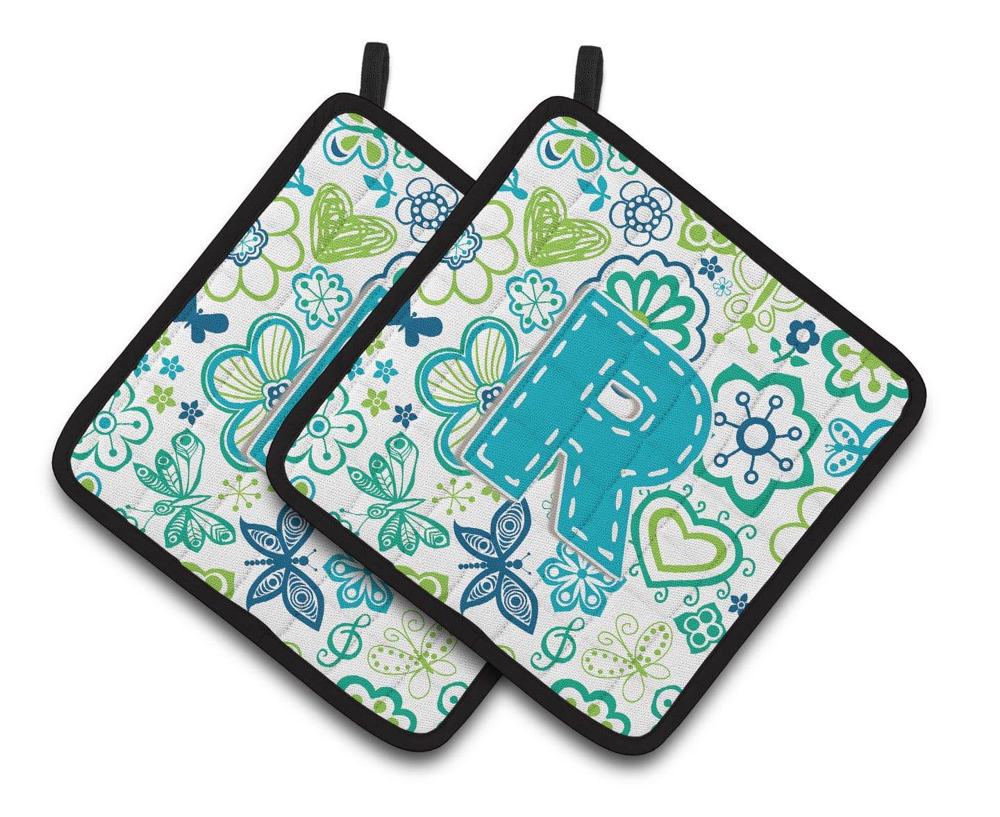 Letter R Flowers and Butterflies Teal Blue Pair of Pot Holders CJ2006-RPTHD - the-store.com