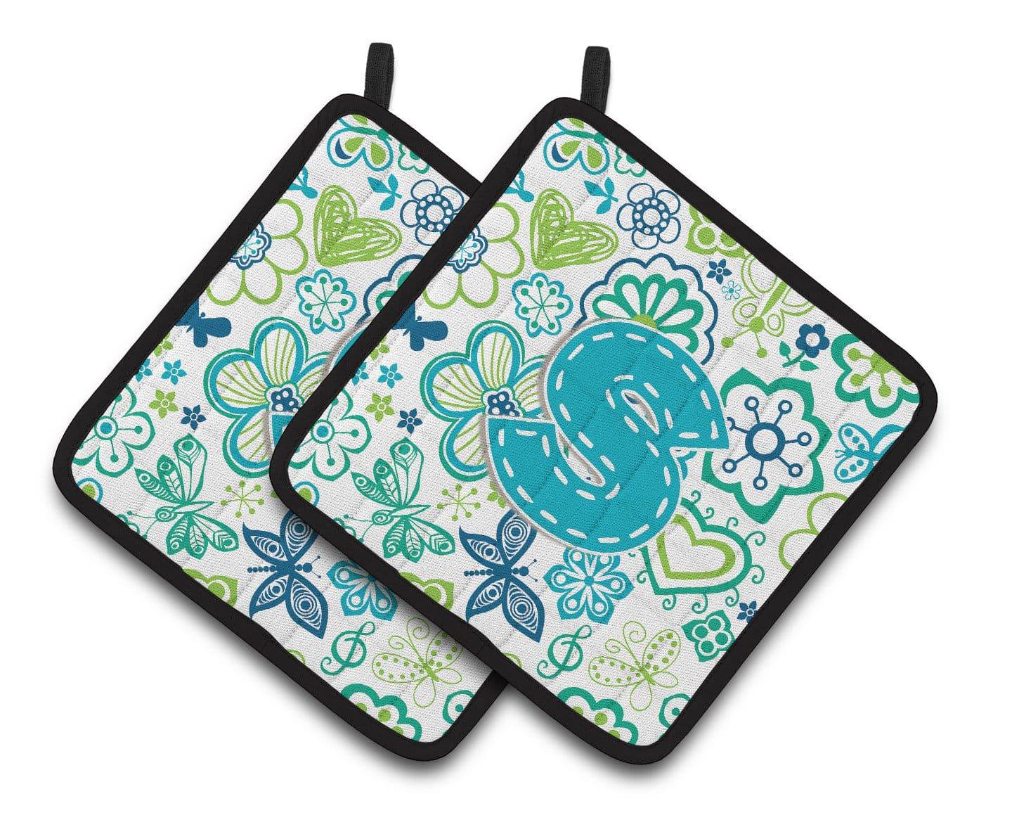 Letter S Flowers and Butterflies Teal Blue Pair of Pot Holders CJ2006-SPTHD - the-store.com