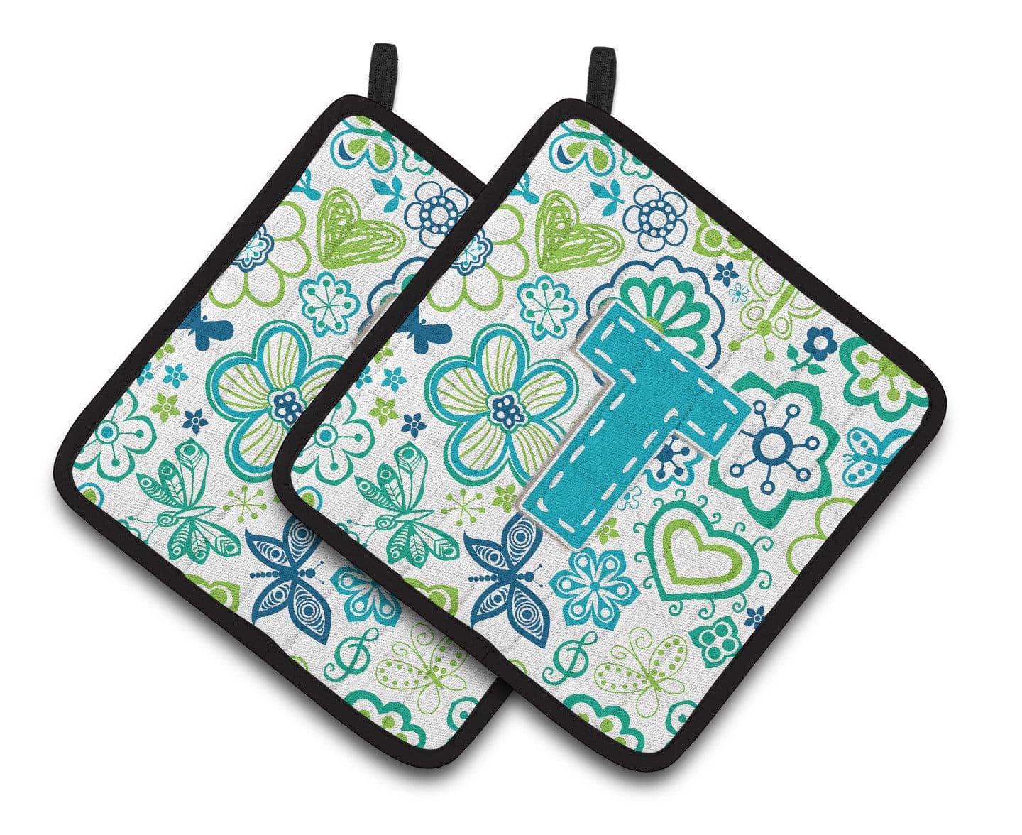Letter T Flowers and Butterflies Teal Blue Pair of Pot Holders CJ2006-TPTHD - the-store.com