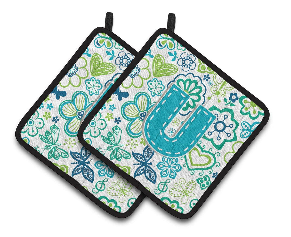 Letter U Flowers and Butterflies Teal Blue Pair of Pot Holders CJ2006-UPTHD - the-store.com