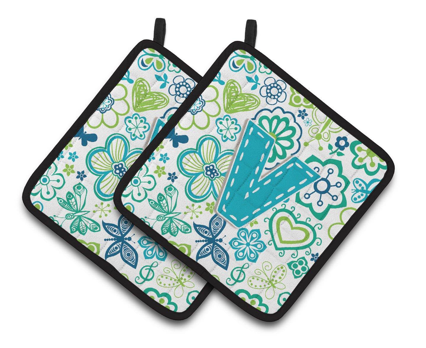 Letter V Flowers and Butterflies Teal Blue Pair of Pot Holders CJ2006-VPTHD - the-store.com