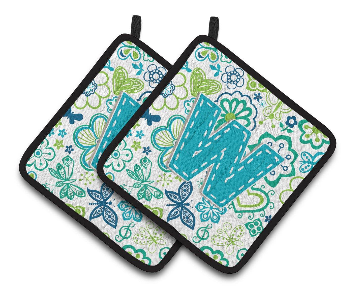 Letter W Flowers and Butterflies Teal Blue Pair of Pot Holders CJ2006-WPTHD - the-store.com