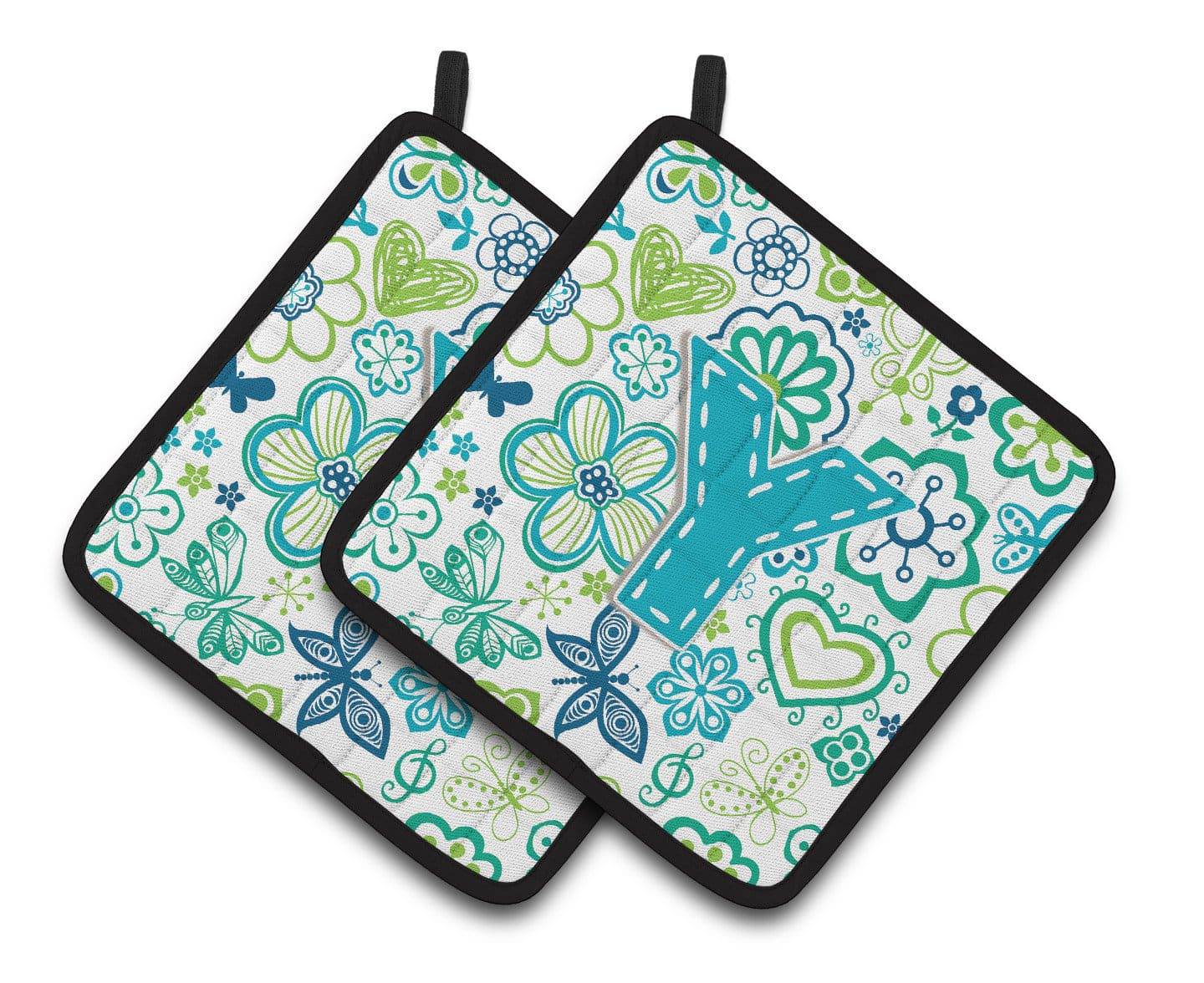 Letter Y Flowers and Butterflies Teal Blue Pair of Pot Holders CJ2006-YPTHD - the-store.com