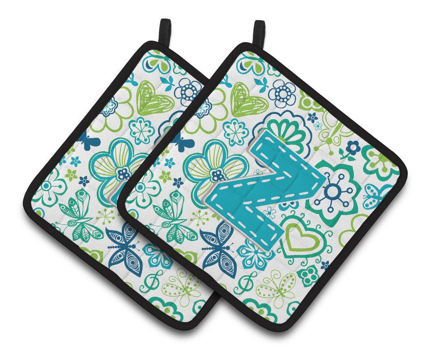 Letter Z Flowers and Butterflies Teal Blue Pair of Pot Holders CJ2006-ZPTHD - the-store.com